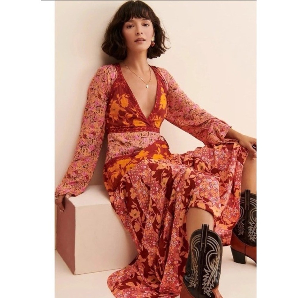 Free People Bohemian Retro 70s Gypsy Fall Floral Tilda Maxi Dress NEW - Picture 2 of 13